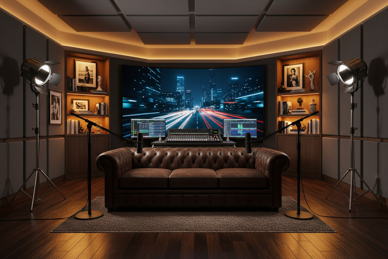 create-image-of-a-luxury-podcast-studio-with-cinematic-background-and-luxury-dark-brown-leather-sofa-with-mics-of-shure-and-lights-.png